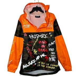 Rebel Minds Graffiti Graphic Y2K Windbreaker Orange Camo Pullover Jacket Men's L